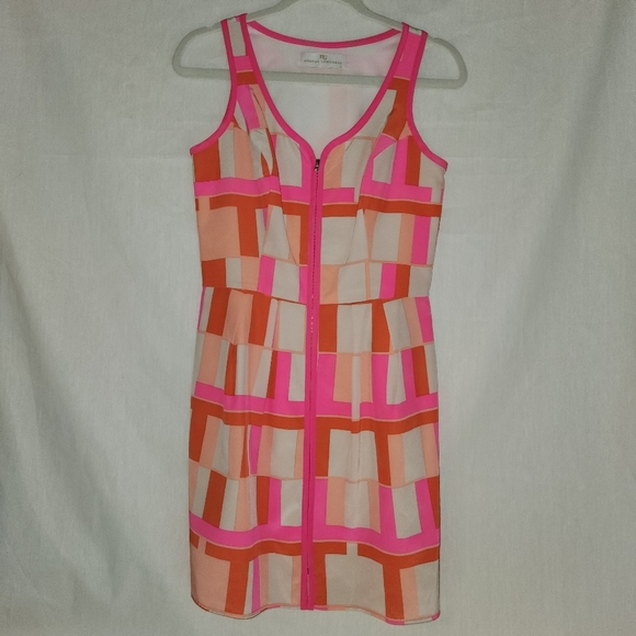 Amanda Uprichard Pink and Cream 100% Silk Geometric Dress Size M Clueless Preppy - Picture 1 of 8